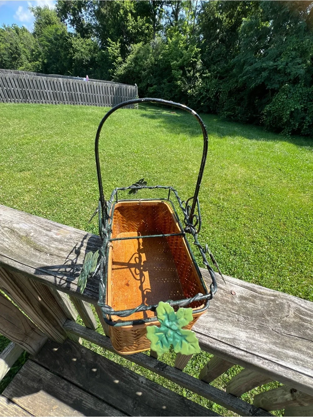 Woven Brown Basket Planter with Decorative Leaf Trim